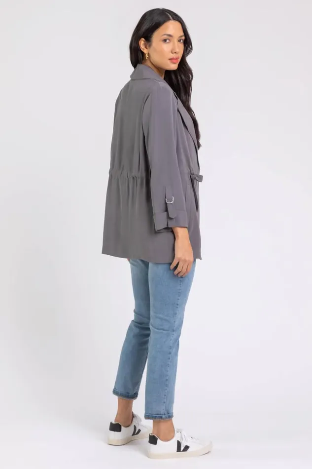 Women Grey Tie Waist Longline Jacket Roman Jackets