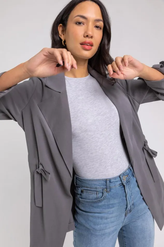 Women Grey Tie Waist Longline Jacket Roman Jackets