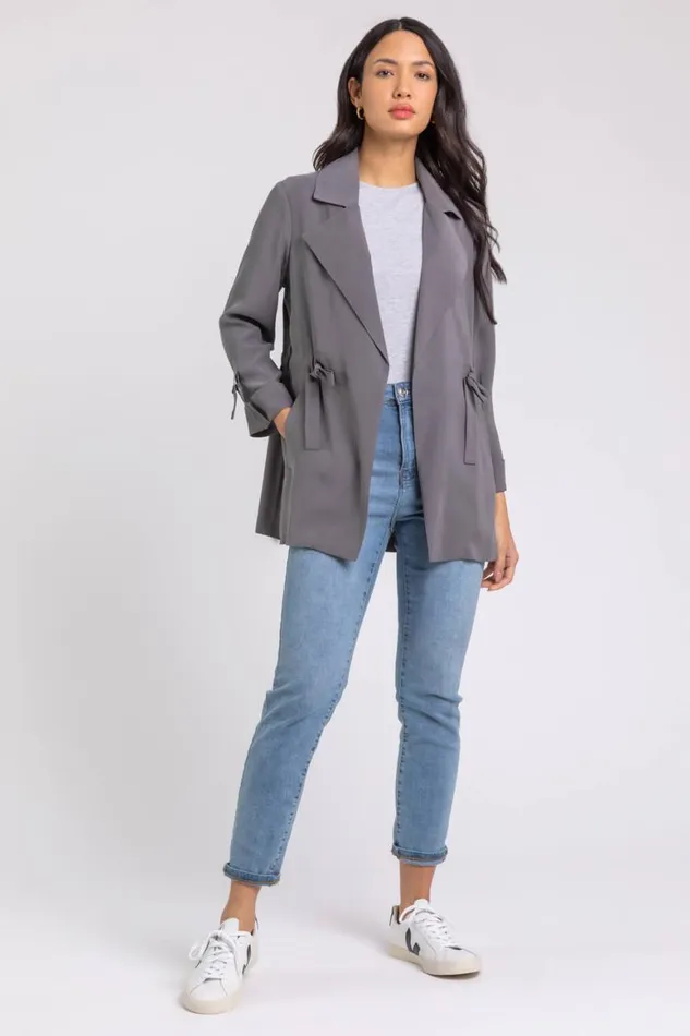 Women Grey Tie Waist Longline Jacket Roman Jackets