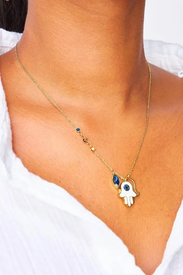 Women Hamsa Hand Necklace With Stone In Gold Golden Brentiny Paris Necklaces
