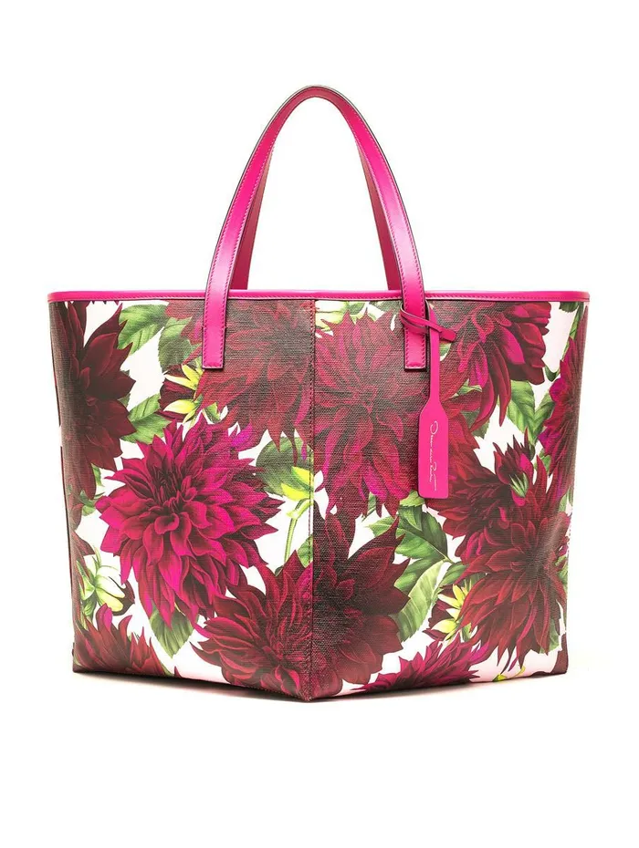 Women Handbags Oscar De La Renta Medium Dahlia Printed Square Tote Burgundy Multi