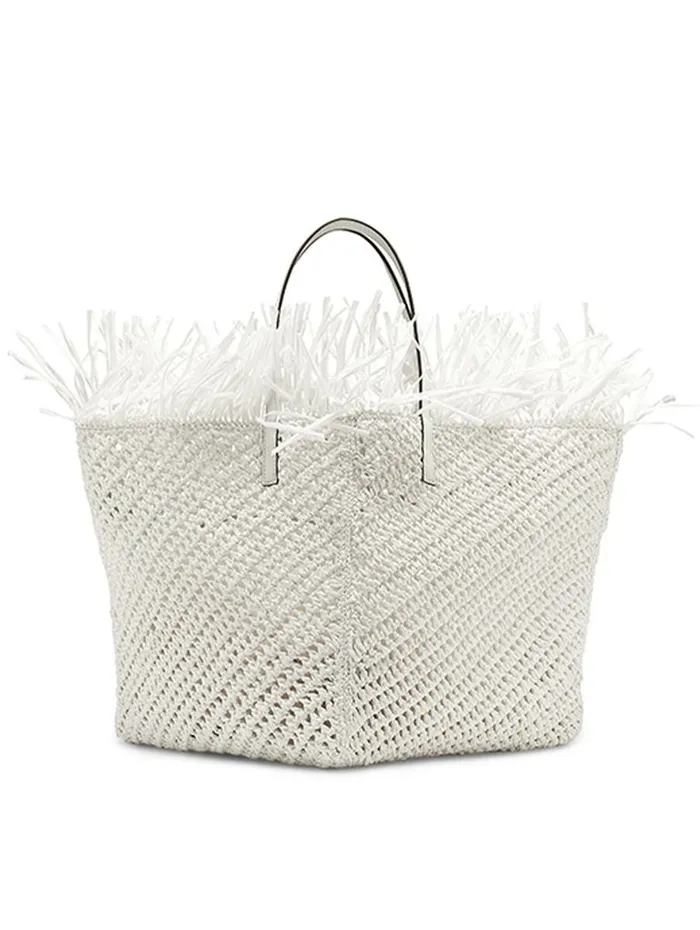 Women Handbags Oscar De La Renta Medium Raffia Crochet Square Tote Ivory