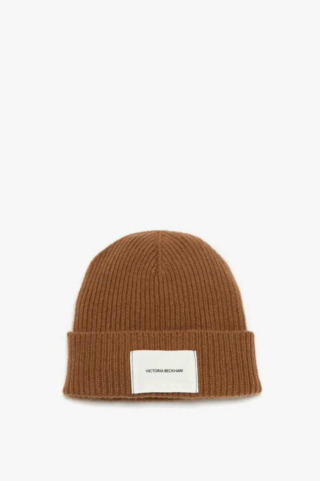 Women Hats and Scarves Victoria Beckham Logo Patch Beanie In Camel