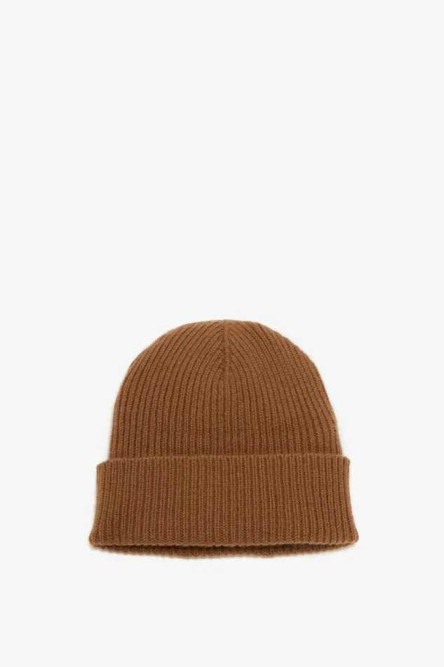 Women Hats and Scarves Victoria Beckham Logo Patch Beanie In Camel
