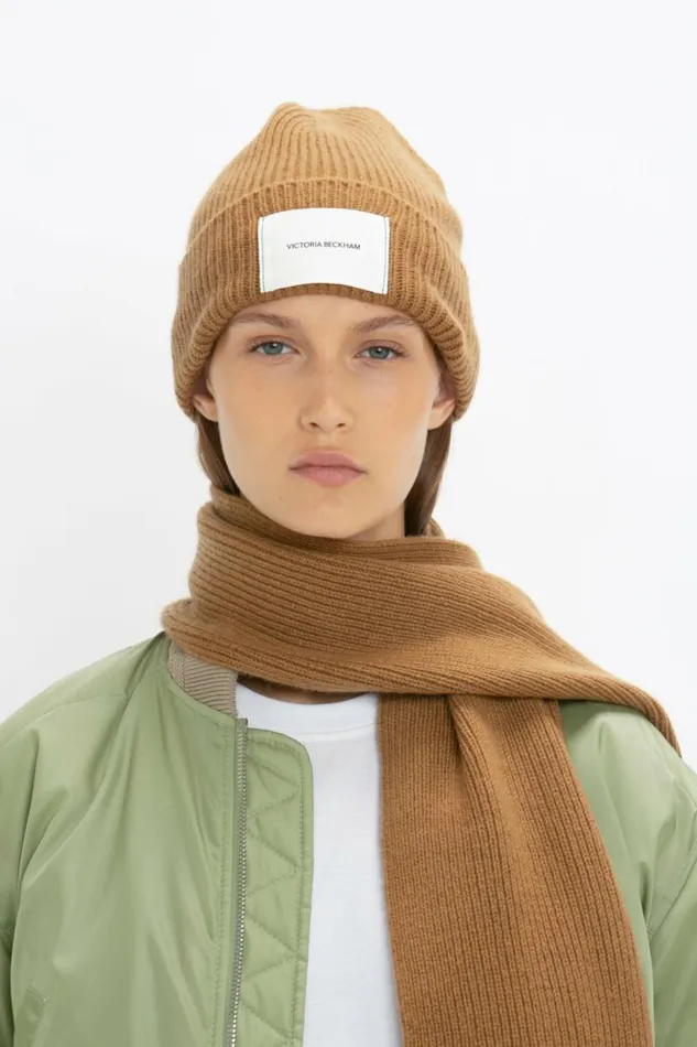 Women Hats and Scarves Victoria Beckham Logo Patch Beanie In Camel