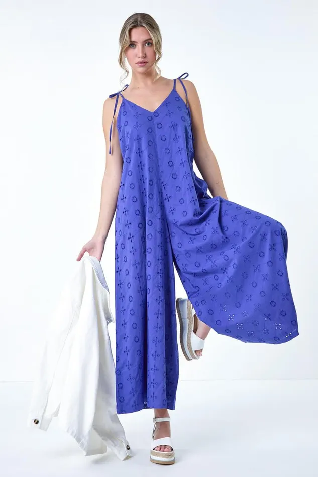 Women Indigo Cotton Broderie Pocket Wide Leg Jumpsuit Roman Dresses