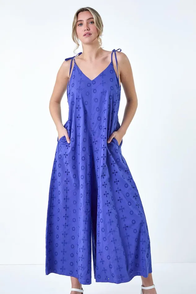 Women Indigo Cotton Broderie Pocket Wide Leg Jumpsuit Roman Dresses