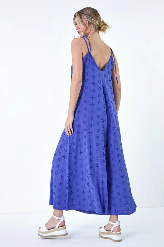 Women Indigo Cotton Broderie Pocket Wide Leg Jumpsuit Roman Dresses
