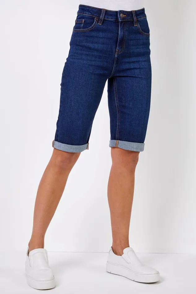 Women Indigo Essential Stretch Knee Length Shorts Roman Shorts
