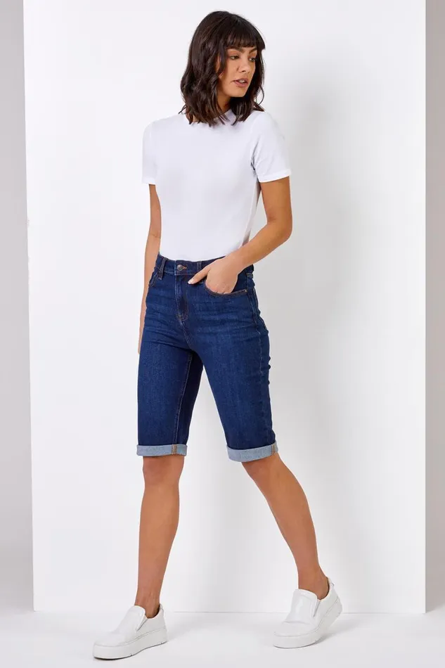 Women Indigo Essential Stretch Knee Length Shorts Roman Shorts