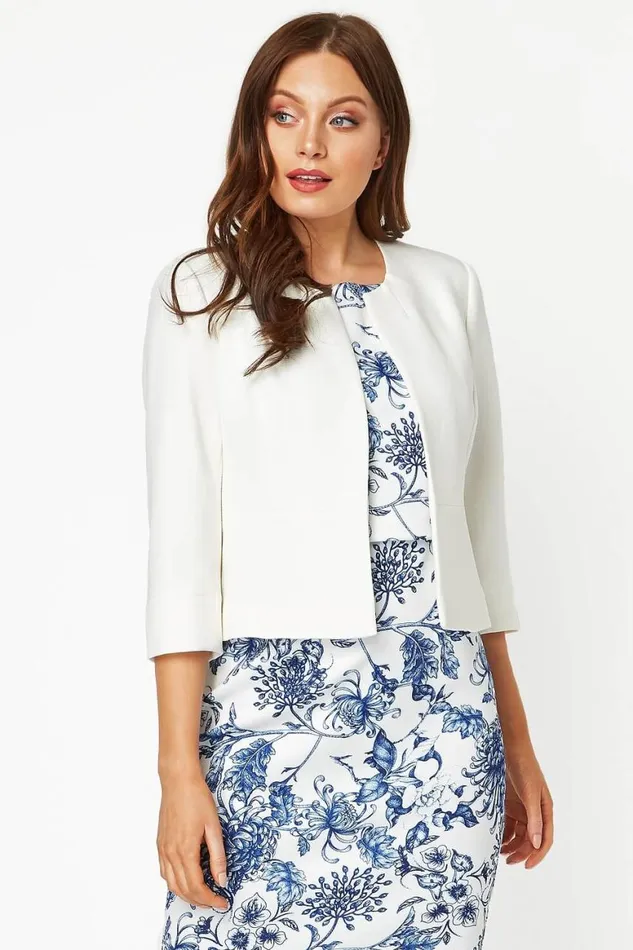 Women Ivory 34 Sleeve Tailored Jacquard Jacket Roman Jackets