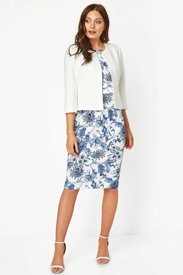 Women Ivory 34 Sleeve Tailored Jacquard Jacket Roman Jackets