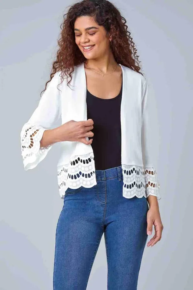 Women Ivory Broderie Lace Trim Knit Shrug Roman Jackets