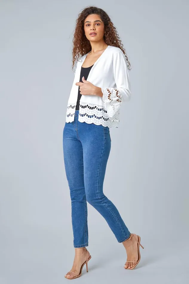 Women Ivory Broderie Lace Trim Knit Shrug Roman Jackets