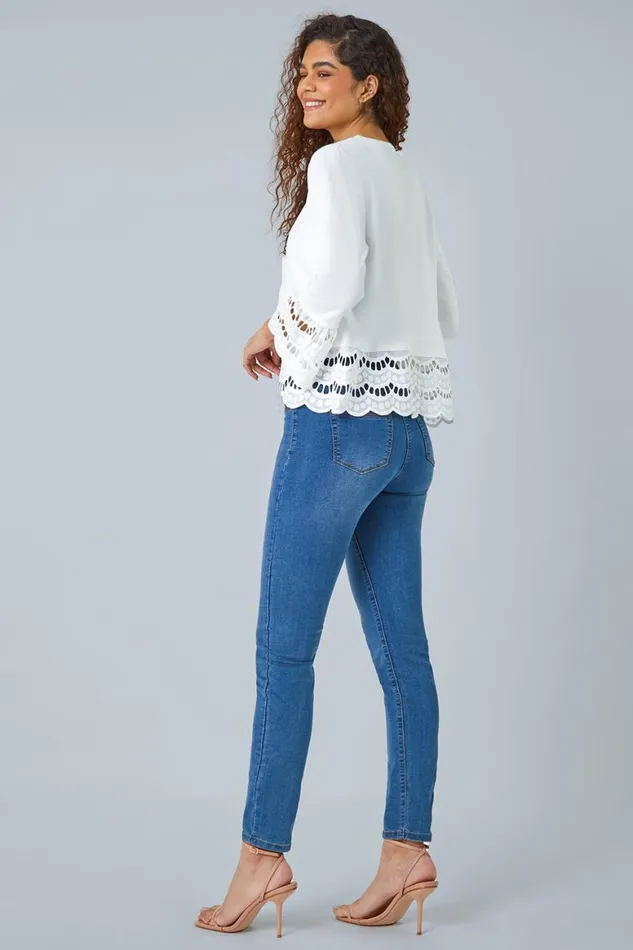 Women Ivory Broderie Lace Trim Knit Shrug Roman Jackets