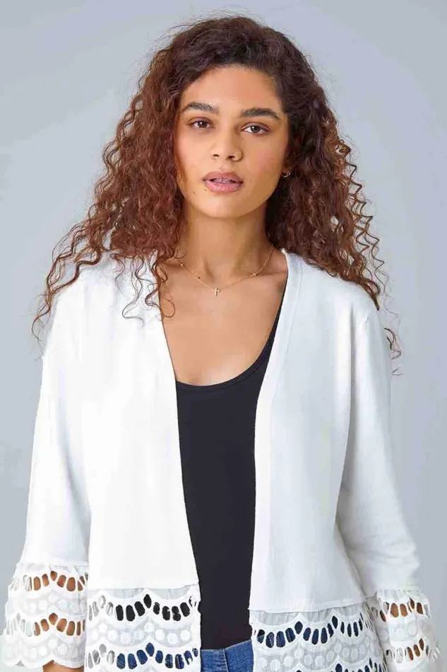 Women Ivory Broderie Lace Trim Knit Shrug Roman Jackets