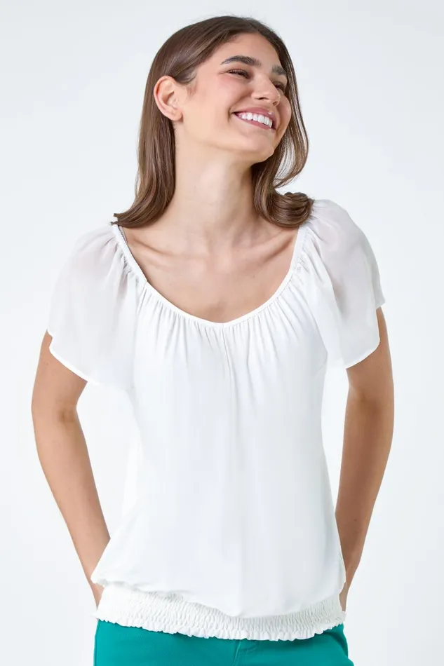 Women Ivory Chiffon Sleeve Stretch Jersey Top Roman Tops