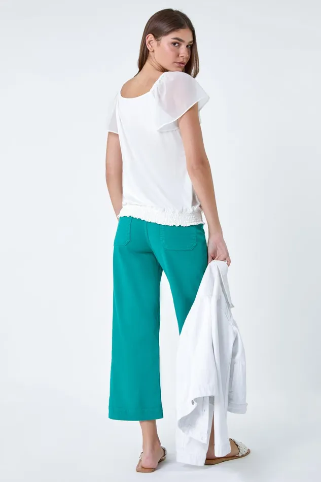 Women Ivory Chiffon Sleeve Stretch Jersey Top Roman Tops