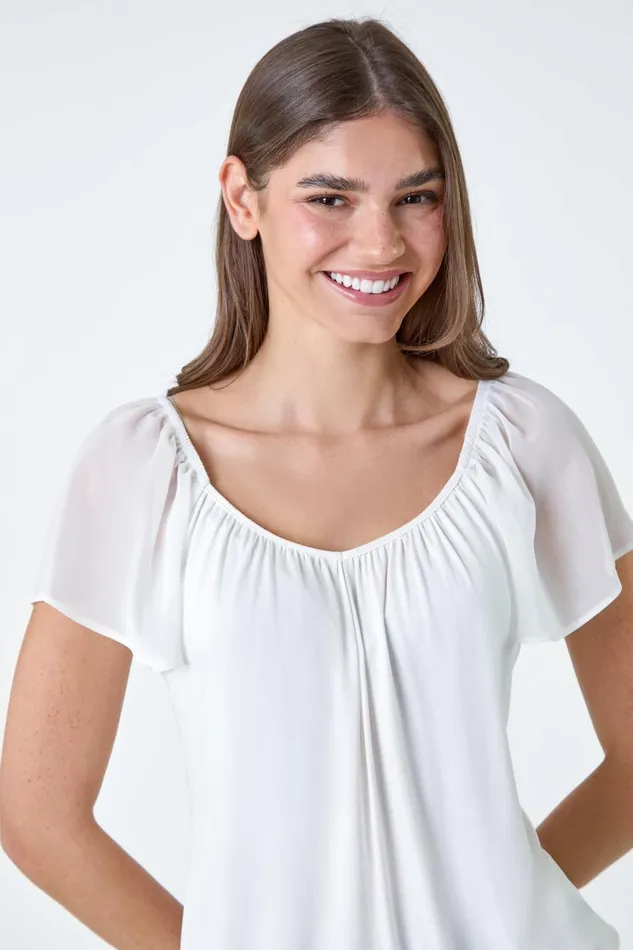 Women Ivory Chiffon Sleeve Stretch Jersey Top Roman Tops
