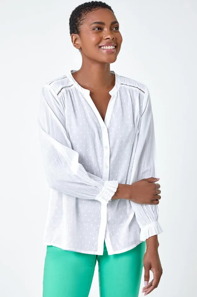 Women Ivory Cotton Textured Spot VNeck Blouse Roman Tops
