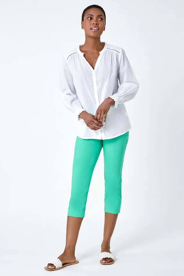 Women Ivory Cotton Textured Spot VNeck Blouse Roman Tops