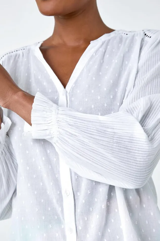 Women Ivory Cotton Textured Spot VNeck Blouse Roman Tops