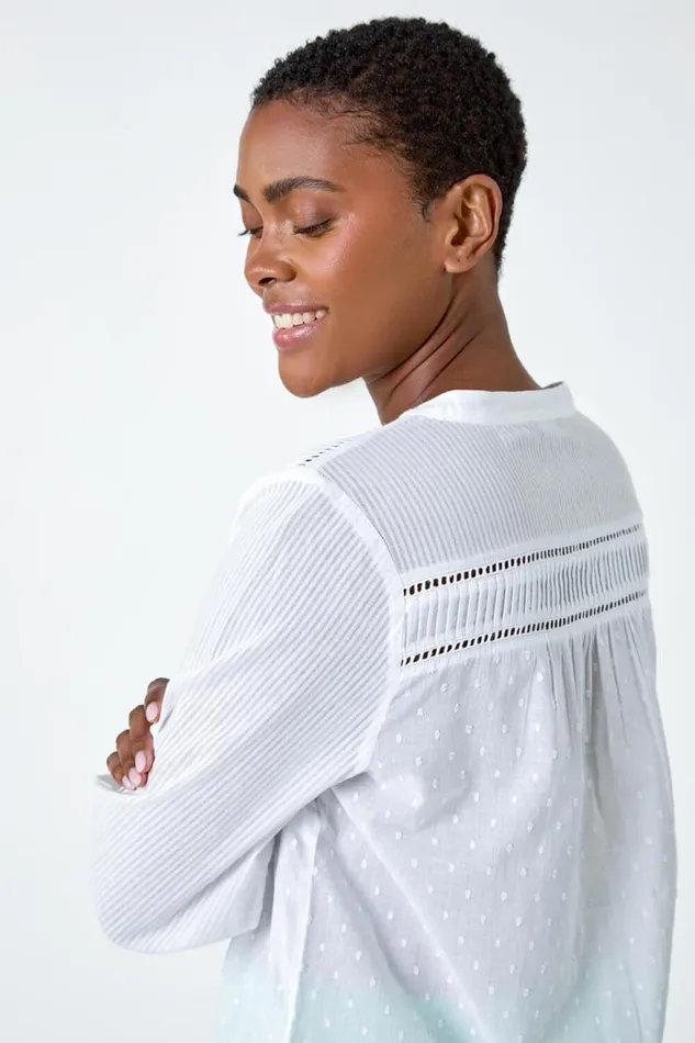 Women Ivory Cotton Textured Spot VNeck Blouse Roman Tops