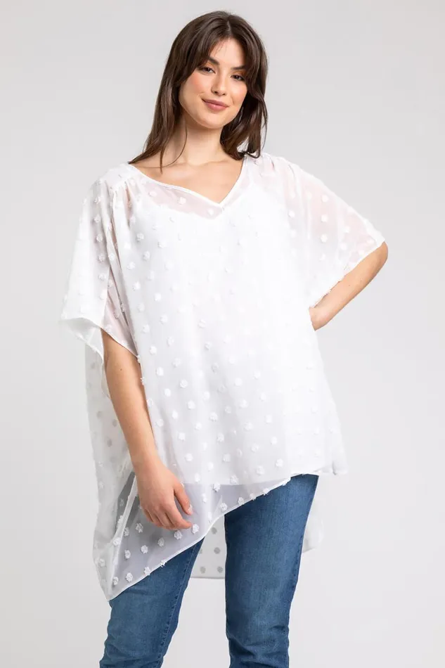 Women Ivory Curve Textured Spot Chiffon Overlay Tunic Top Roman Tops