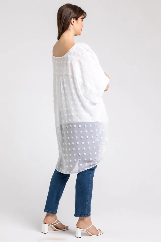 Women Ivory Curve Textured Spot Chiffon Overlay Tunic Top Roman Tops