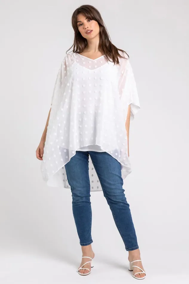 Women Ivory Curve Textured Spot Chiffon Overlay Tunic Top Roman Tops