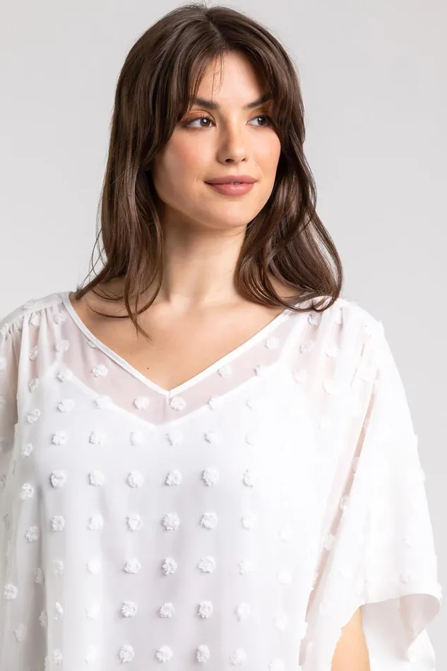 Women Ivory Curve Textured Spot Chiffon Overlay Tunic Top Roman Tops