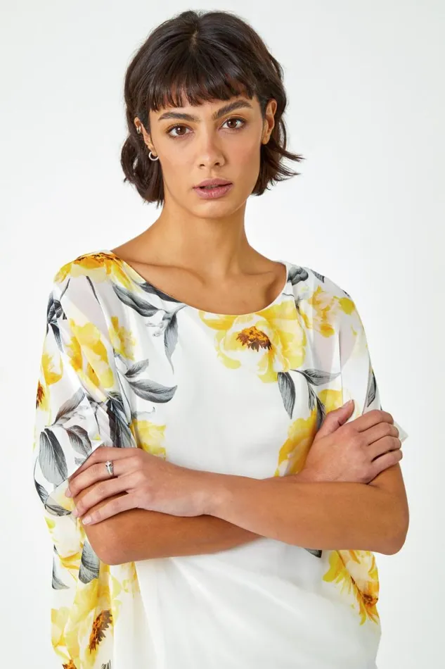 Women Ivory Floral Border Print Chiffon Overlay Top Roman Tops