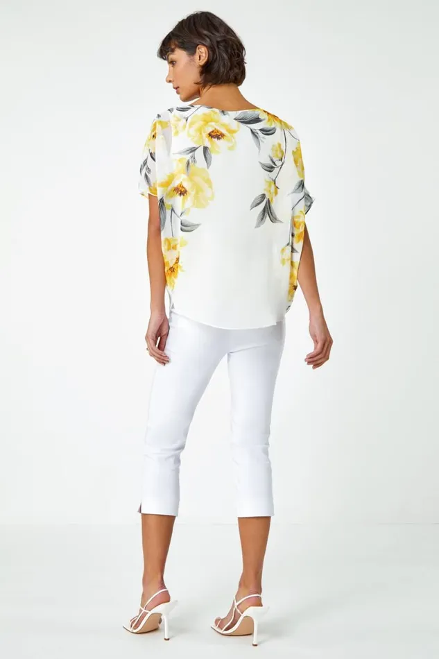 Women Ivory Floral Border Print Chiffon Overlay Top Roman Tops