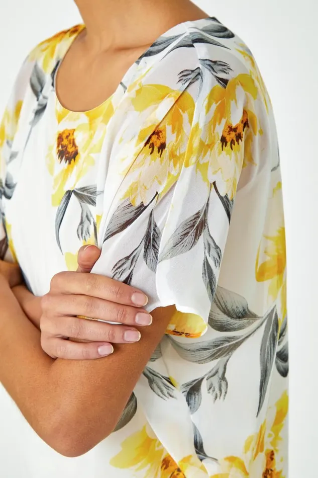 Women Ivory Floral Border Print Chiffon Overlay Top Roman Tops