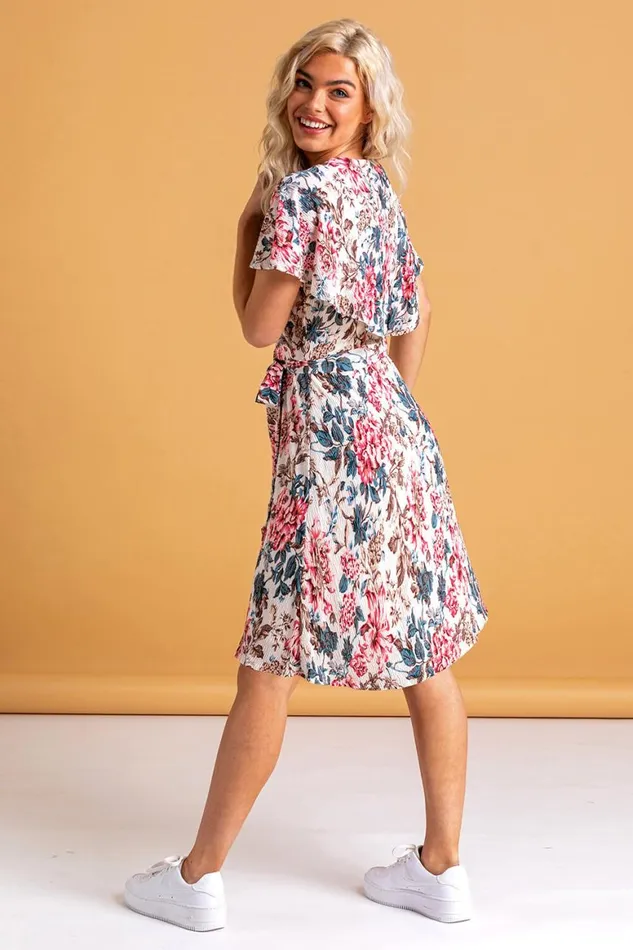 Women Ivory Floral Frill Sleeve Belted Dress Roman Dresses