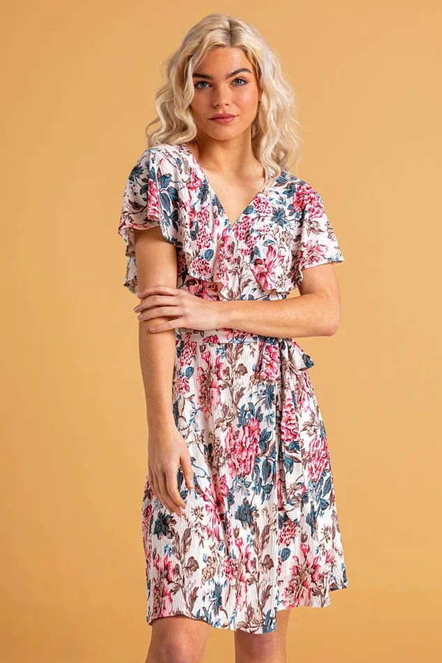 Women Ivory Floral Frill Sleeve Belted Dress Roman Dresses