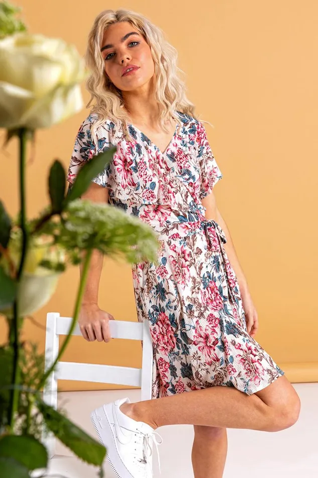 Women Ivory Floral Frill Sleeve Belted Dress Roman Dresses