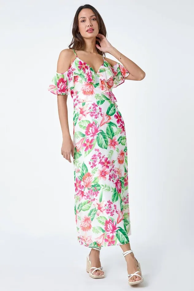 Women Ivory Floral Print Cold Shoulder Chiffon Midi Dress Roman Dresses