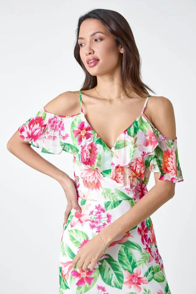 Women Ivory Floral Print Cold Shoulder Chiffon Midi Dress Roman Dresses