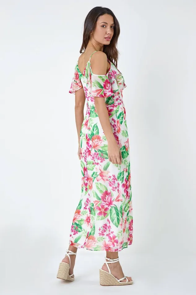 Women Ivory Floral Print Cold Shoulder Chiffon Midi Dress Roman Dresses
