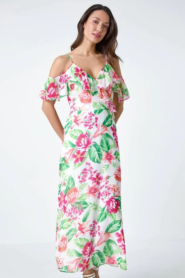 Women Ivory Floral Print Cold Shoulder Chiffon Midi Dress Roman Dresses