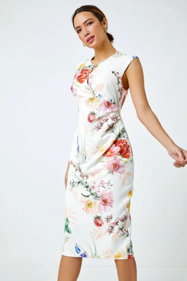 Women Ivory Floral Print Ruched Midi Dress Roman Dresses