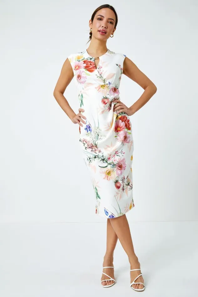 Women Ivory Floral Print Ruched Midi Dress Roman Dresses