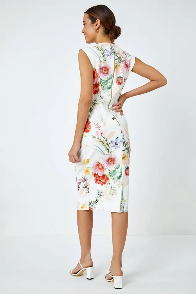 Women Ivory Floral Print Ruched Midi Dress Roman Dresses