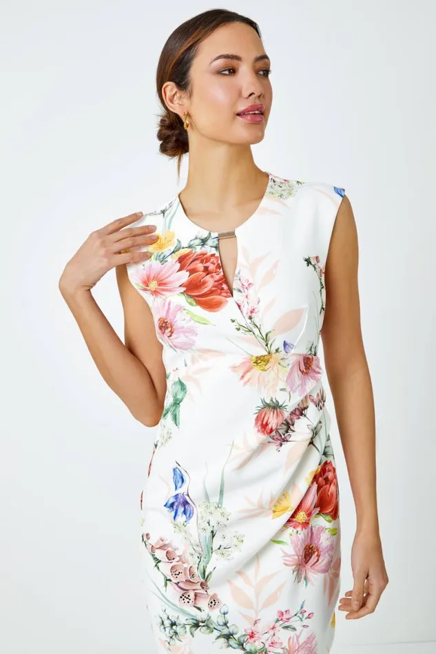 Women Ivory Floral Print Ruched Midi Dress Roman Dresses