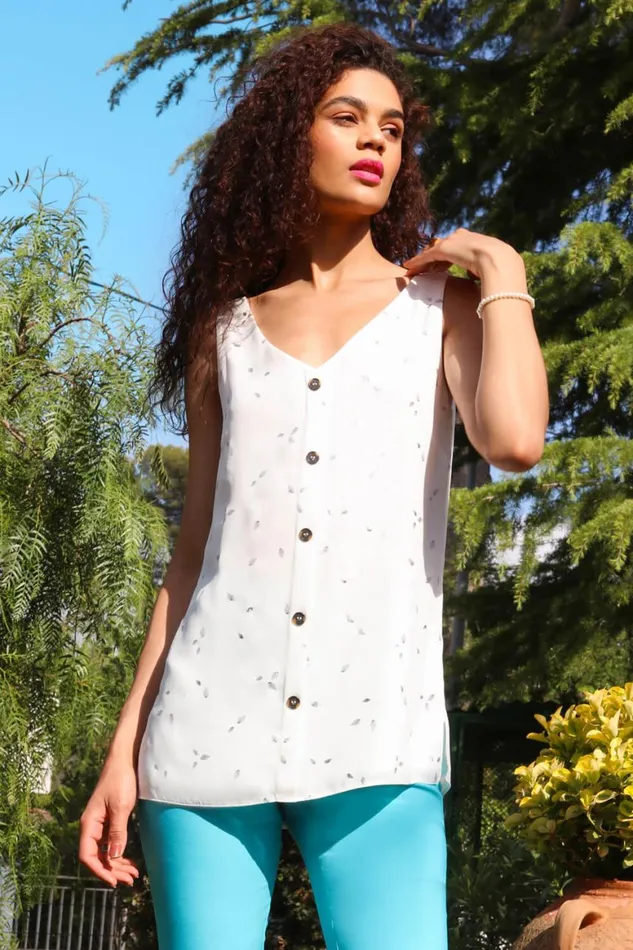 Women Ivory Foil Print Button Detail VNeck Top Roman Tops