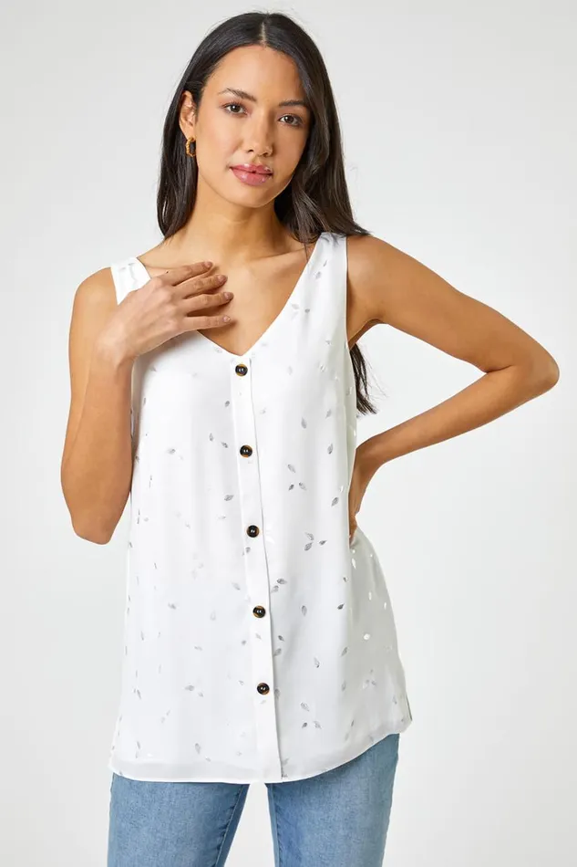 Women Ivory Foil Print Button Detail VNeck Top Roman Tops