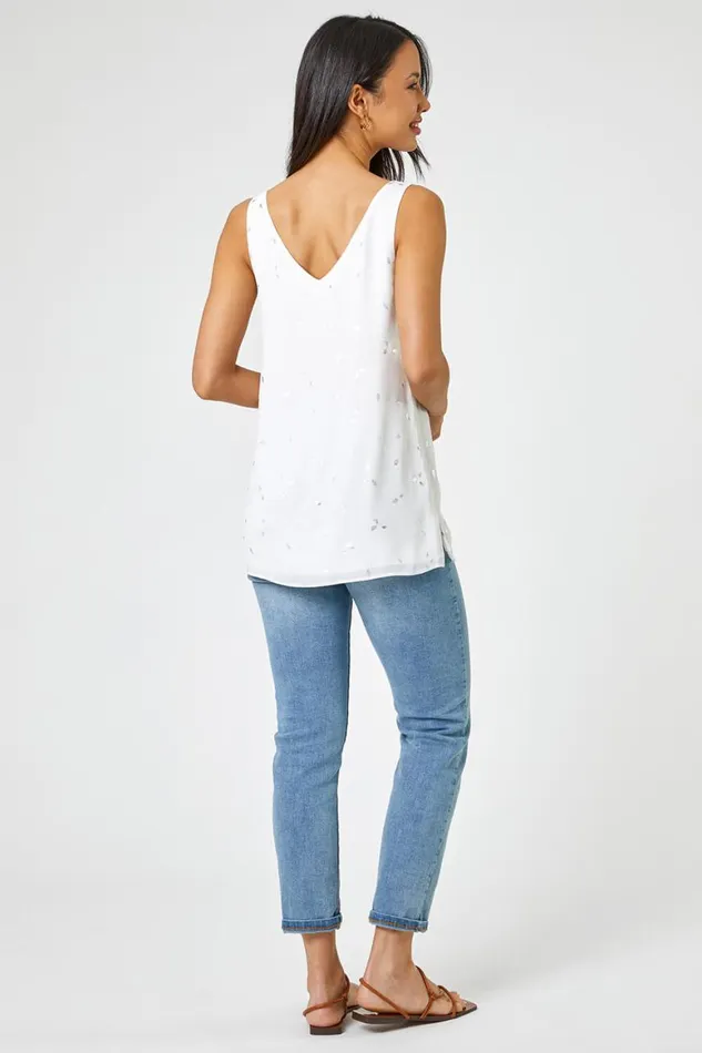 Women Ivory Foil Print Button Detail VNeck Top Roman Tops
