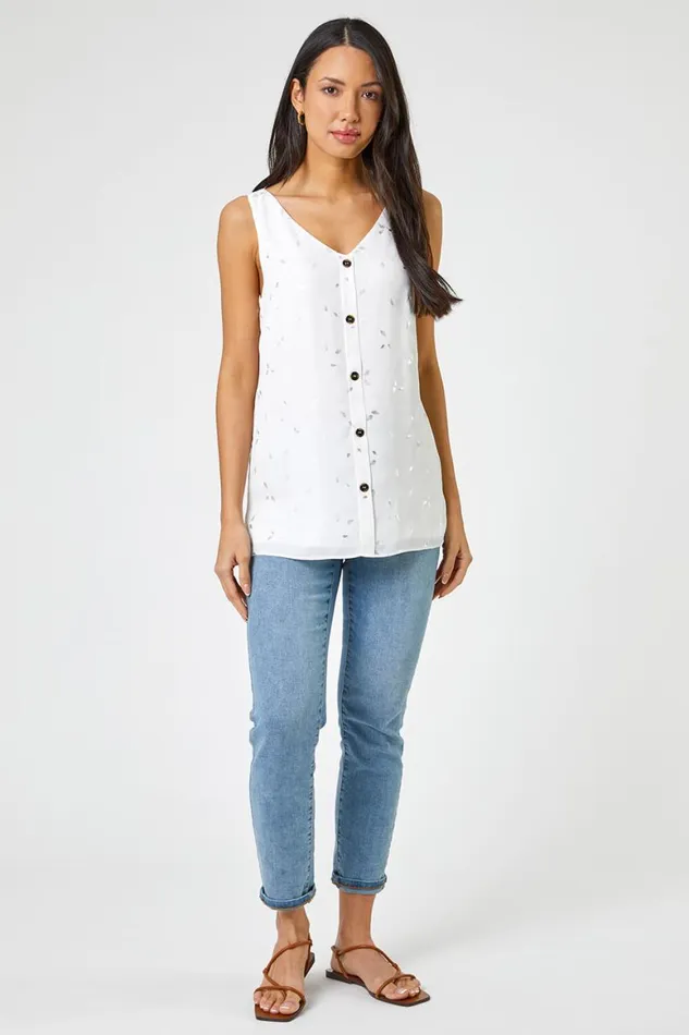 Women Ivory Foil Print Button Detail VNeck Top Roman Tops