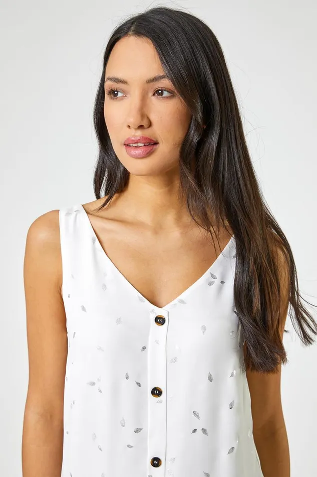 Women Ivory Foil Print Button Detail VNeck Top Roman Tops